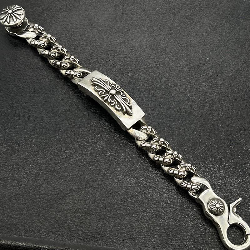 Chrome Hearts Silver Tone Chain Bracelet with Floral and Sword Design